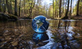 Earth globe partially immersed in the calm waters of a forest stream photo