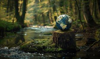Earth globe perched on a mossy tree stump at the edge of a forest stream photo