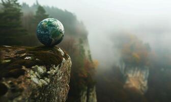 Earth globe balanced on a rock ledge overlooking a misty forest gorge photo