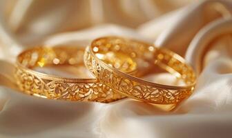 Pair of intricately designed gold bracelets arranged on a smooth satin material background photo