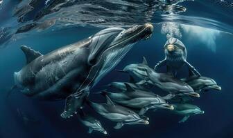 An underwater view of dolphins interacting with a curious humpback whale photo