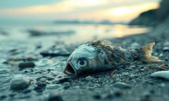 Dead fish washed ashore on a polluted beach, environment and ecological problems photo