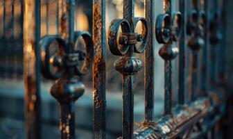 A rusted wrought iron gates in hues of deep charcoal and slate gray photo