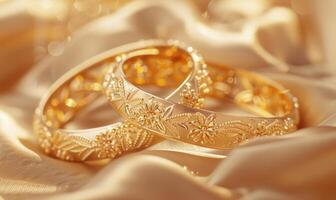 Pair of intricately designed gold bracelets arranged on a smooth satin material background photo