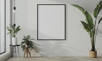 A blank image frame mockup on a white wall in a minimalistic modern interior room photo