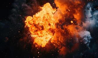 Macro shot of a controlled explosion, capturing the intricate details of flames and sparks against a black backdrop photo