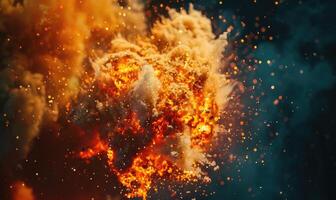 Macro shot of a controlled explosion, capturing the intricate details of flames and sparks against a black backdrop photo