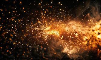 Macro photograph capturing the intricate details of flames and sparks in an explosion against a black backdrop photo