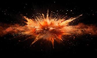 Macro shot of a controlled explosion, capturing the intricate details of flames and sparks against a black backdrop photo