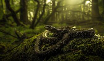 Snake near the old tree in enchanted forest photo