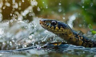 Snake diving into water, closeup view of snake in water with water splashes photo