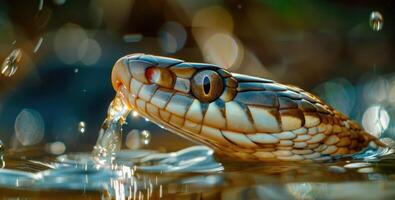 Snake diving into water, closeup view of snake in water with water splashes photo