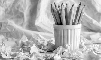 Graphite pencils arranged in a cup on a desk, surrounded by crumpled sheets of discarded white paper photo