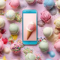 Different Ice cream scoop pattern with pastel hues and scattered toppings in a flat lay composition photo