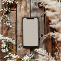 Smartphone mockup with a blank screen on a rustic wooden table background photo