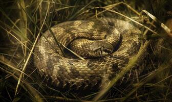 Snake coiled in grass photo