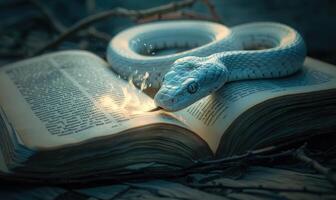 White snake near an open book of spells photo