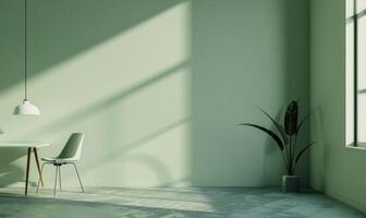 A spacious minimalistic modern interior with light sage green walls photo