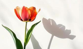 A red tulip against a backdrop of white, casting a bold shadow photo