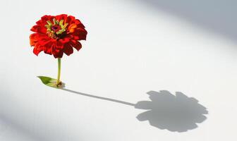 A beautiful zinnia bloom on a pristine white surface, casting an intricate shadow photo