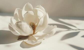 A majestic magnolia bloom against a backdrop of white, casting a bold shadow photo