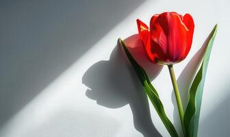 A red tulip against a backdrop of white, casting a bold shadow photo