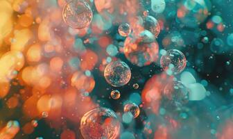 Closeup view on water bubbles, abstract background with bokeh light photo