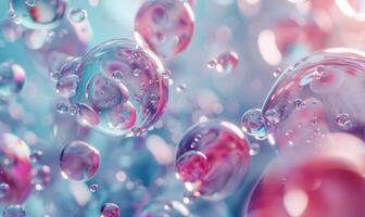 Closeup view on water bubbles, abstract background with bokeh light photo