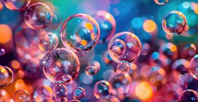 Closeup view on water bubbles, abstract background with bokeh light photo