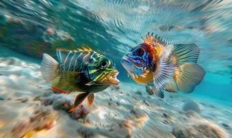 Cockerel fish accompanied by triggerfish, dynamic underwater scene photo