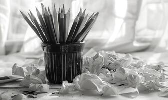 Graphite pencils arranged in a cup on a desk, surrounded by crumpled sheets of discarded white paper photo