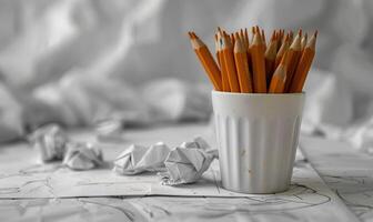 Graphite pencils arranged in a cup on a desk, surrounded by crumpled sheets of discarded white paper photo