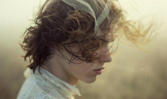 Close-up portrayal of a young man with windswept hair, wind spirit abstract background photo