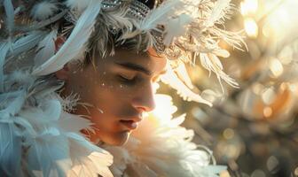 Portrayal of a young man draped in ethnic robes with soft white feathers on background, fantasy or mythology concept photo