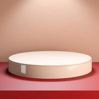 Dynamic 3D Rendering of a White Podium with Red Accent Lights on a Vibrant Red Background photo