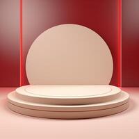 Dynamic 3D Rendering of a White Podium with Red Accent Lights on a Vibrant Red Background photo