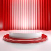 Dynamic 3D Rendering of a White Podium with Red Accent Lights on a Vibrant Red Background photo