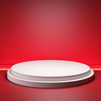 Dynamic 3D Rendering of a White Podium with Red Accent Lights on a Vibrant Red Background photo