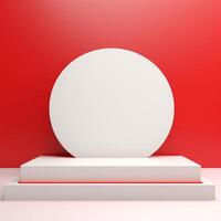 Dynamic 3D Rendering of a White Podium with Red Accent Lights on a Vibrant Red Background photo