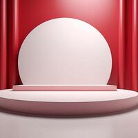 Dynamic 3D Rendering of a White Podium with Red Accent Lights on a Vibrant Red Background photo