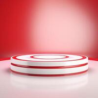 Dynamic 3D Rendering of a White Podium with Red Accent Lights on a Vibrant Red Background photo