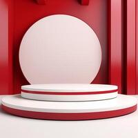 Dynamic 3D Rendering of a White Podium with Red Accent Lights on a Vibrant Red Background photo
