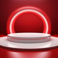Dynamic 3D Rendering of a White Podium with Red Accent Lights on a Vibrant Red Background photo