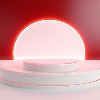 Dynamic 3D Rendering of a White Podium with Red Accent Lights on a Vibrant Red Background photo