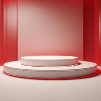 Dynamic 3D Rendering of a White Podium with Red Accent Lights on a Vibrant Red Background photo