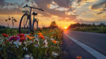 Bicycle on the road at sunset in summer with flowers in the foreground photo