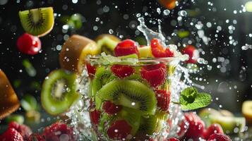 A glass of cocktail made of raspberries mixed with kiwi juice , surrounded by a fruit explosion photo