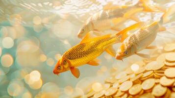 Goldfish and gold coins on yellow background. photo