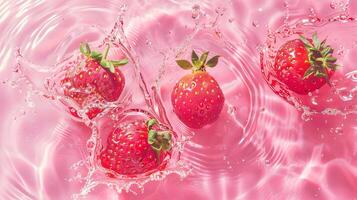 Strawberries in water with splash and drops on pink background. photo