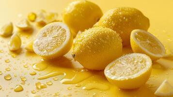Fresh whole and sliced lemons with water droplets on a vibrant yellow background, freshness theme photo
